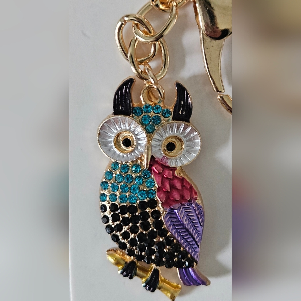 Mint Rhinestone Multi Color Owl Bag Charm Keychain w/ Gold Tone Hardware - Picture 2 of 2
